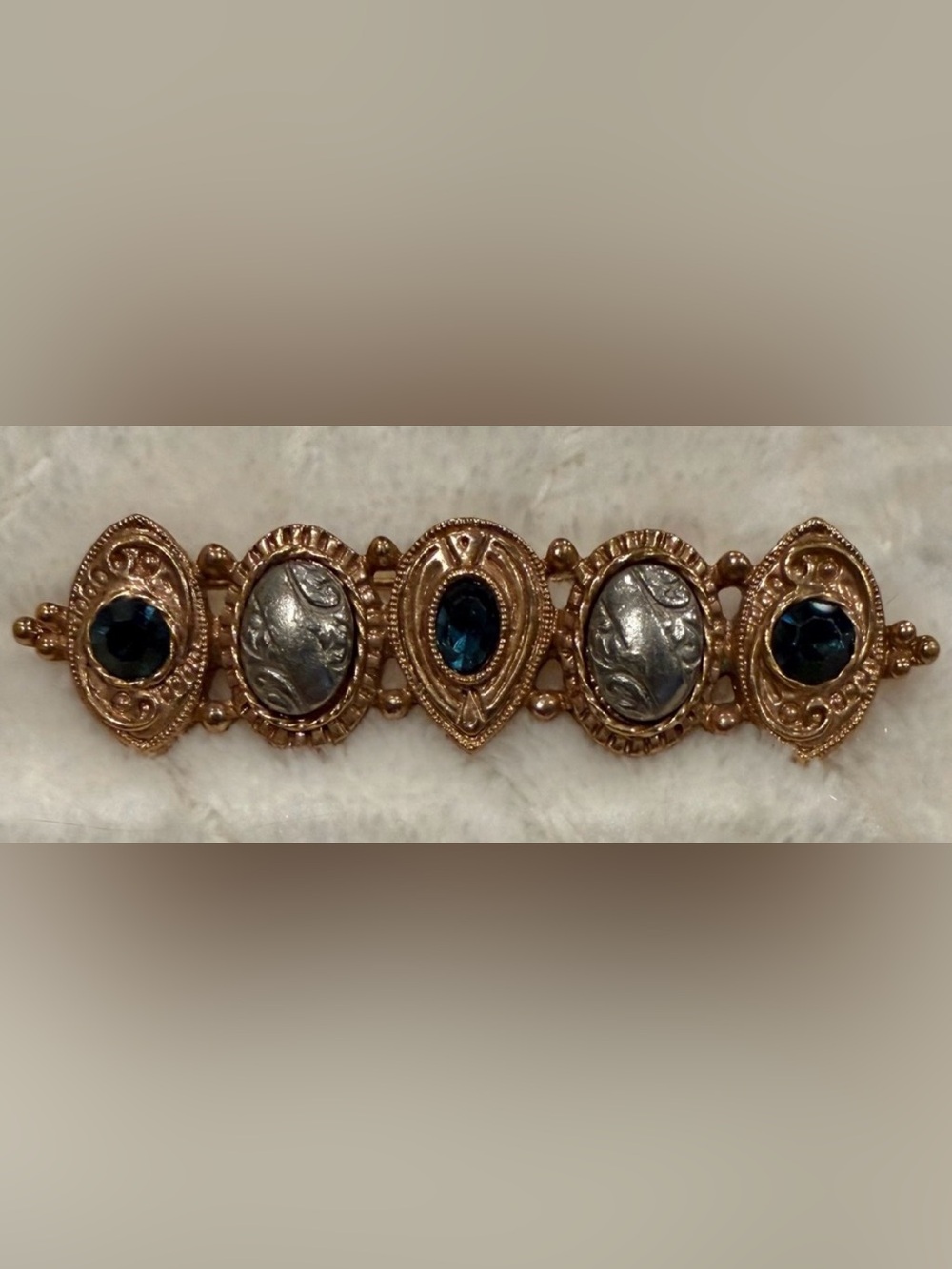 1928 Gold & Silver Tone w/Faceted Blue Green colored Rhinestones Bar Pin Brooch